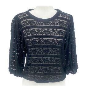 Women Black Sheer Lace Balloon Sleeve Blouse Small Boho Romantic